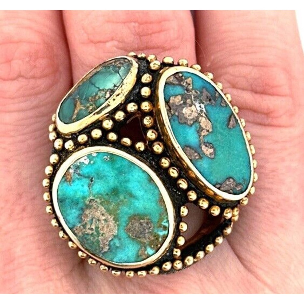 Vintage One Of A Kind Design Persian Turquoise Vermeil 3 Stone Statement Ring